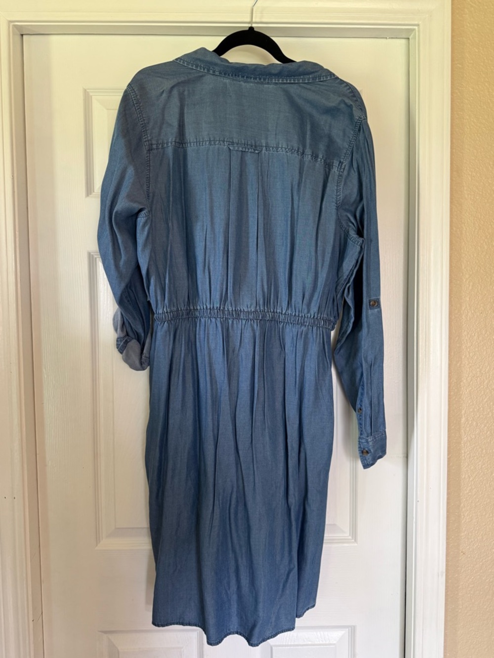Light Blue Denim Shirt Dress with Drawstring Waist - Picture 8 of 8